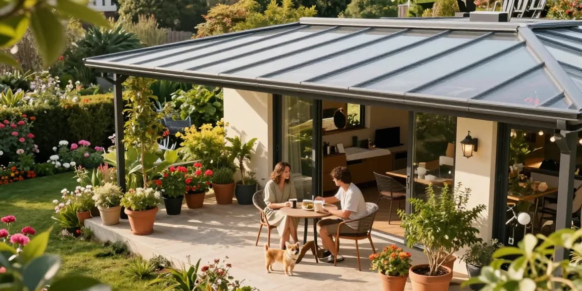 Freistehende Terrassenüberdachung in einem einladenden Garten mit einem Paar, das Kaffee genießt.