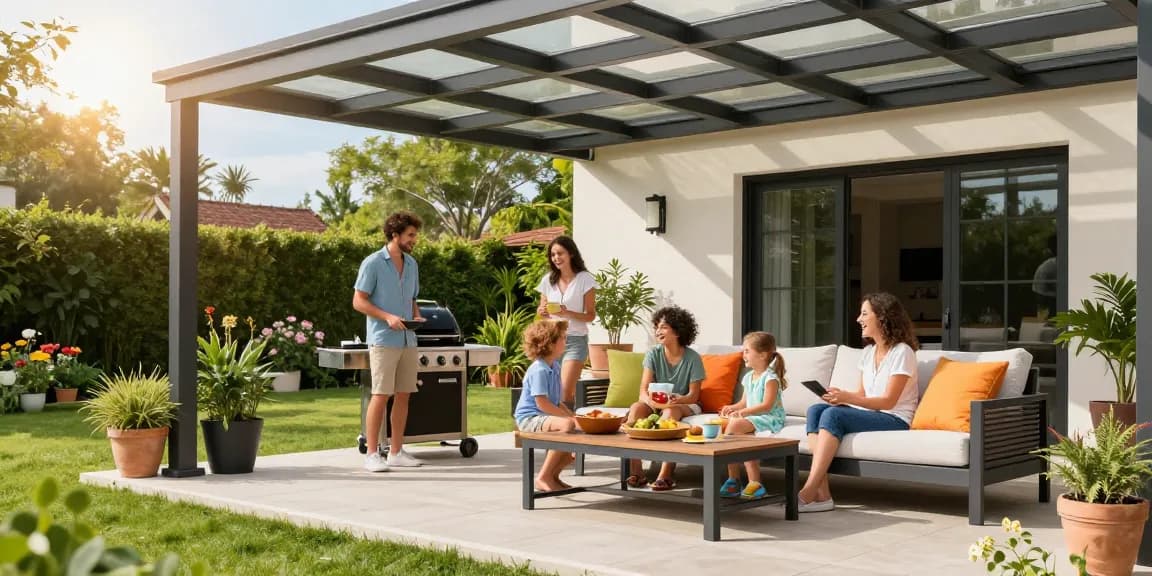 Moderne Terrassenüberdachung mit Familie, die ein sonniges Grillfest genießt.
