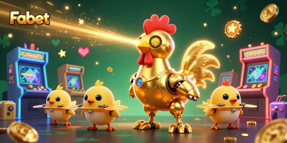 Fabet showcases exciting gameplay with a retro-futuristic golden rooster robot and vibrant arcade elements.