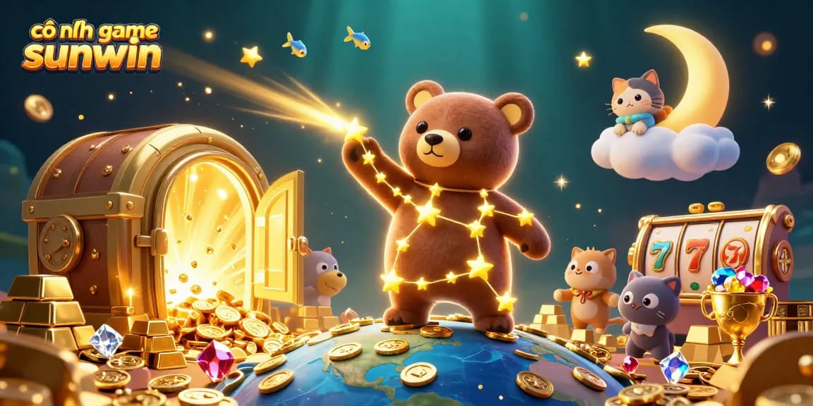 Engage with cổng game sunwin through a vibrant 3D illustration of slots and casino treasures.