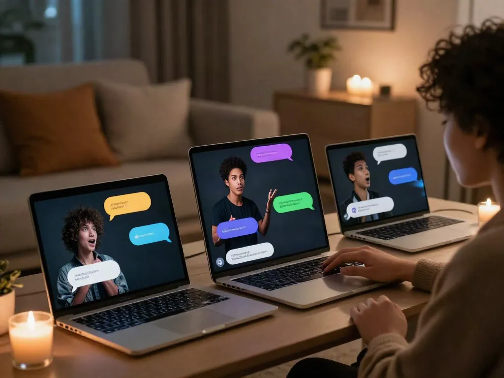 Engaging sex chat scene with individuals sharing flirty messages in a cozy home.