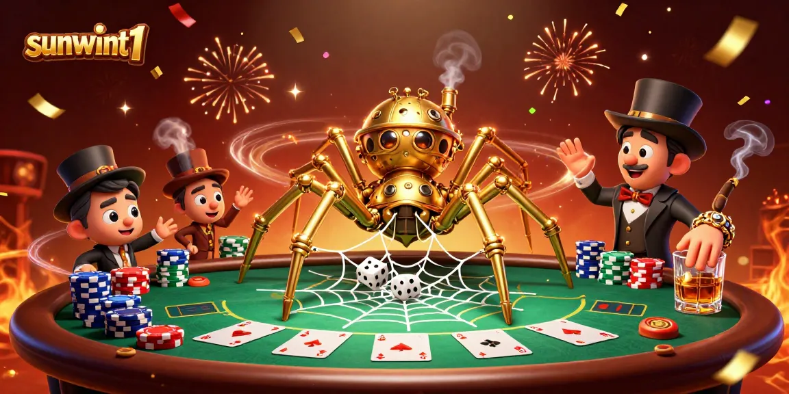 Engage in thrilling gameplay at sunwint1 with a vibrant steampunk spider catching dice and poker chips.