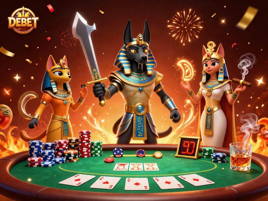 Engage with DEBET's thrilling poker scene featuring Anubis and Bastet in an exciting casino atmosphere.