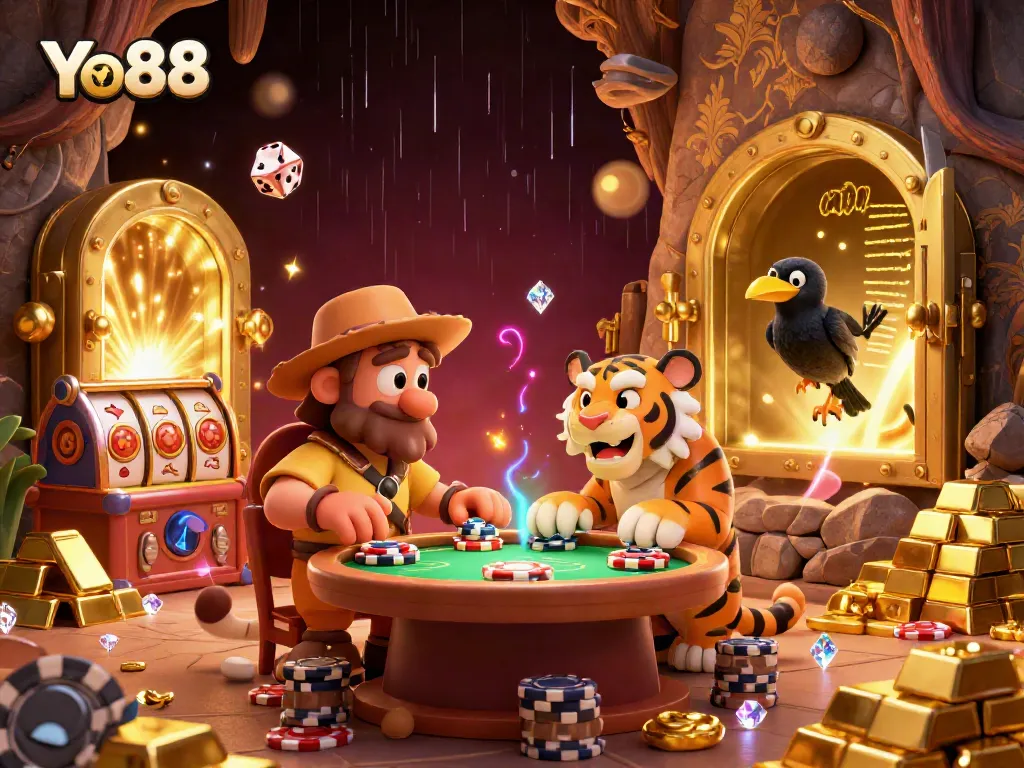 Experience the thrilling atmosphere of Yo88 with a vibrant prehistoric casino scene featuring diverse gambling elements.