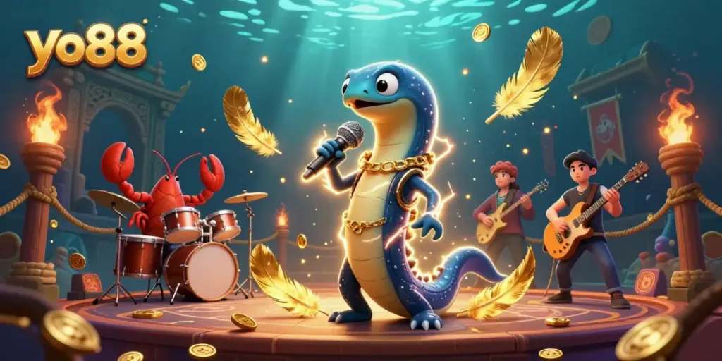 Experience the dynamic energy of yo88 in a vibrant underwater casino featuring an electric eel DJ.