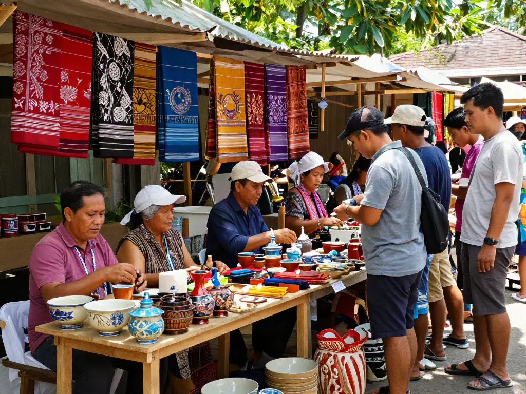 rokok88 promotes local Indonesian products in a vibrant marketplace scene showcasing artisans and their crafts.