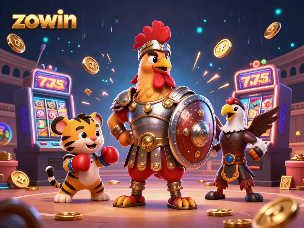 Zowin's vibrant 3D illustration showcases a gladiator rooster with a golden laurel, symbolizing dynamic gameplay in a lively casino arena.