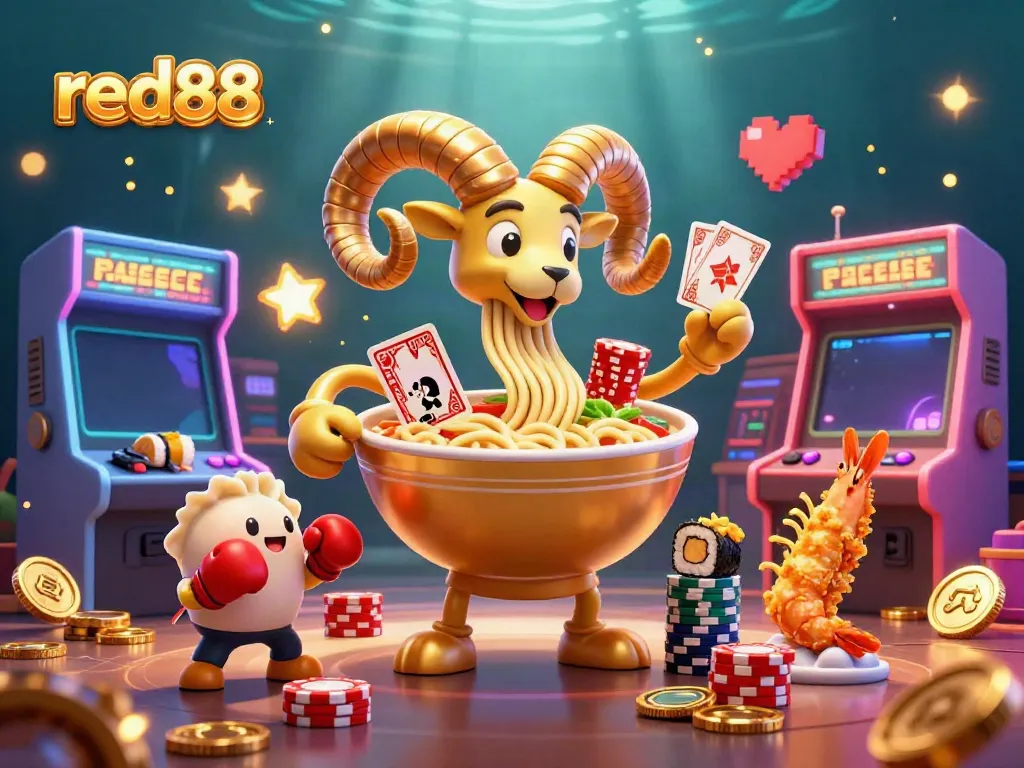 Engage in thrilling gameplay with red88, featuring a vibrant ramen bowl dealer and dynamic casino elements.
