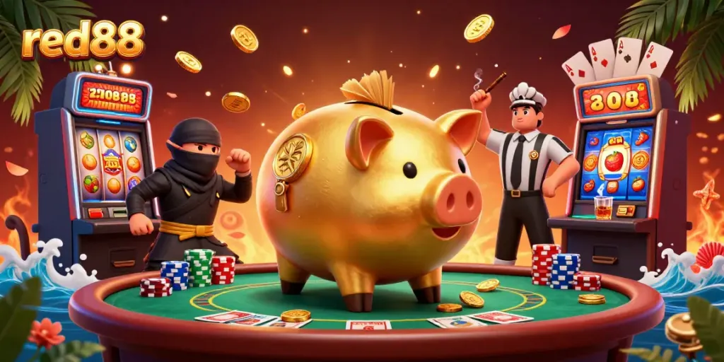 Engaging scene with red88's cartoon piggy bank sumo wrestler shaking golden coins amidst gambling chaos.