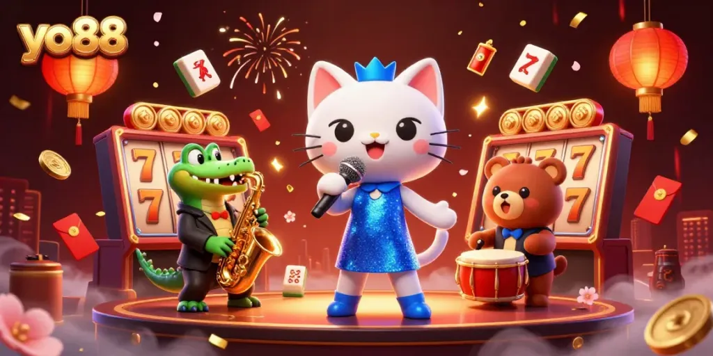 Engage with the excitement of yo88 as a jazz cat, crocodile musician, and bear drummer fill the casino with joy.
