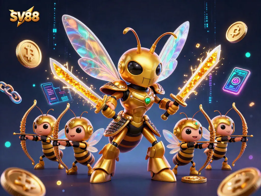 Experience exhilarating gaming at SV88 with a vibrant scene featuring samurai hornet and crypto elements.