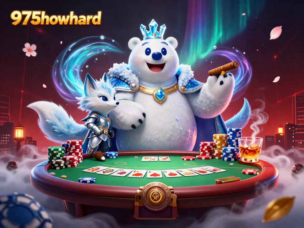 Engage with the vibrant poker scene at 975howard featuring a frozen king and fox among dynamic gaming elements.