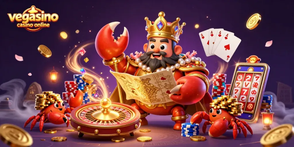 Experience the excitement of vegasino casino online with a vibrant 3D illustration of a golden crab emperor.