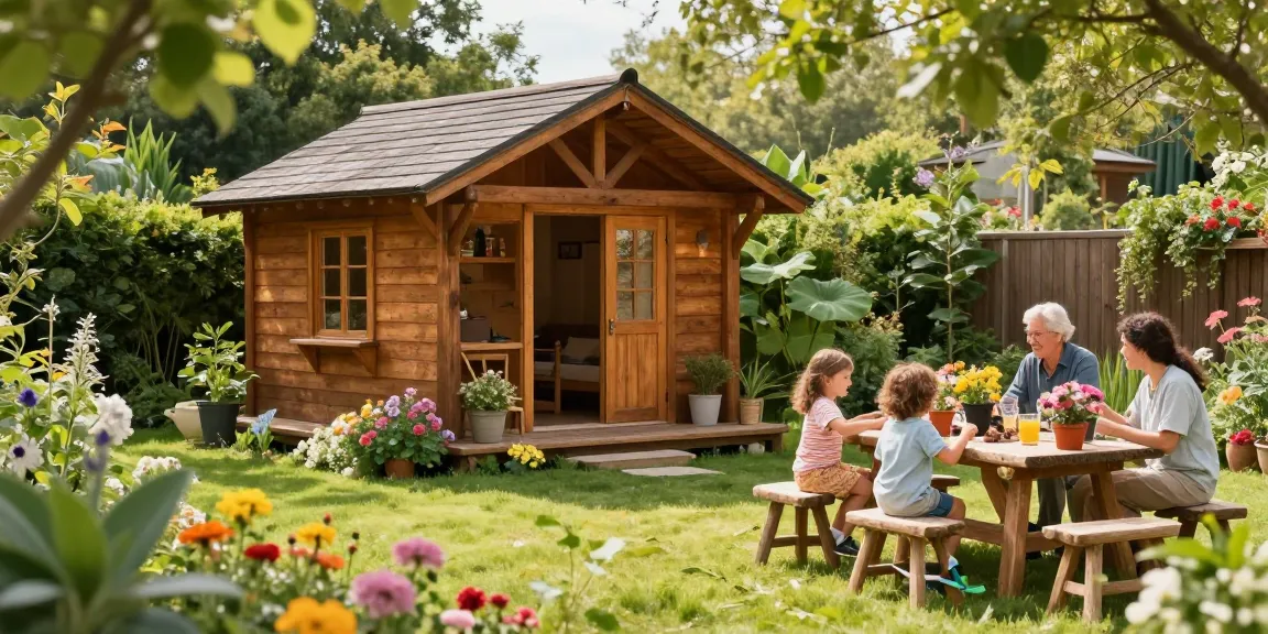Garten Haus inmitten einer blühenden Gartenlandschaft mit spielenden Kindern.