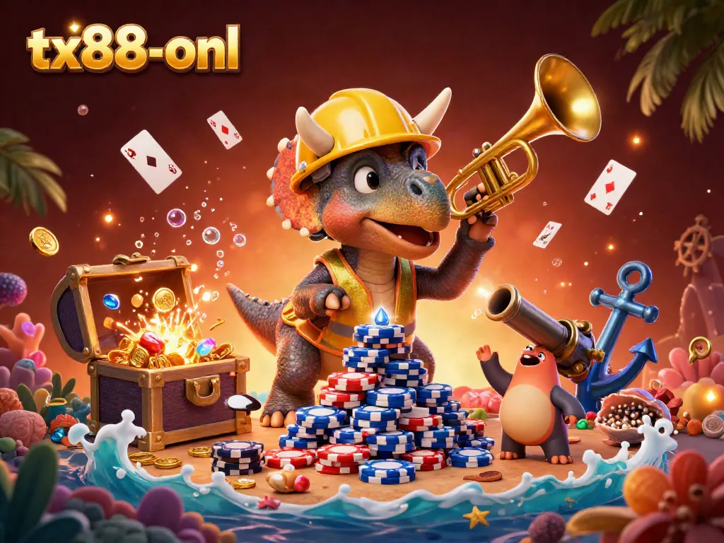 Celebrate wins at tx88-onl with a chubby triceratops building poker chips and festive game elements!