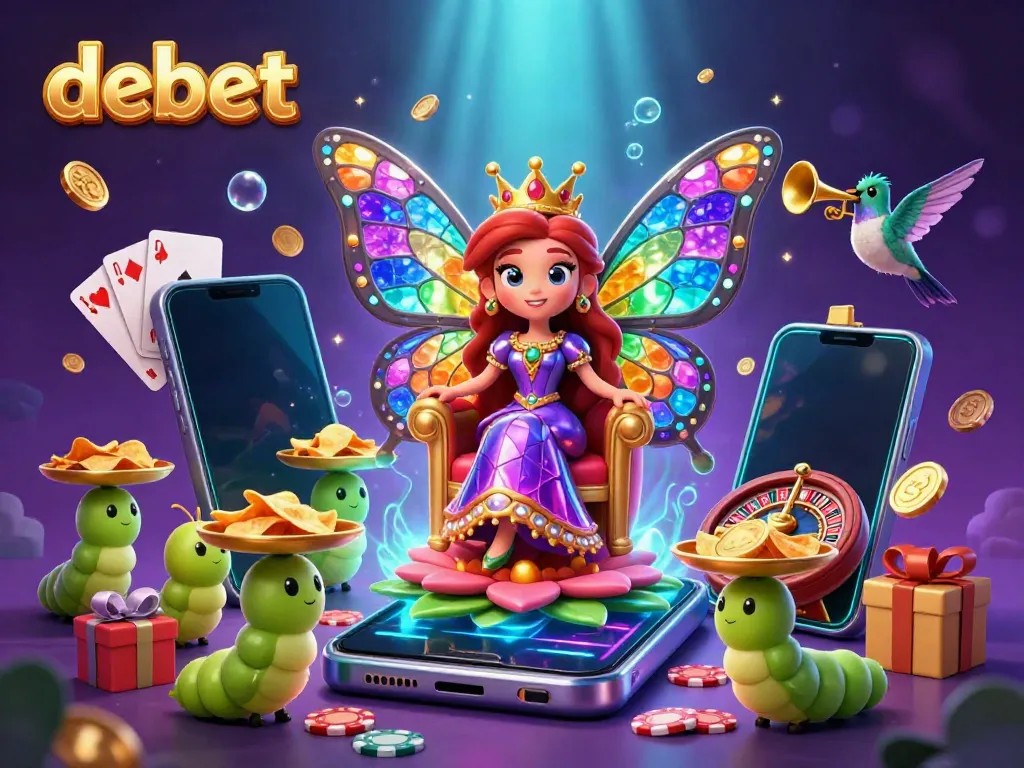 Engage with the colorful debet gaming world featuring a butterfly queen amidst vibrant casino elements.