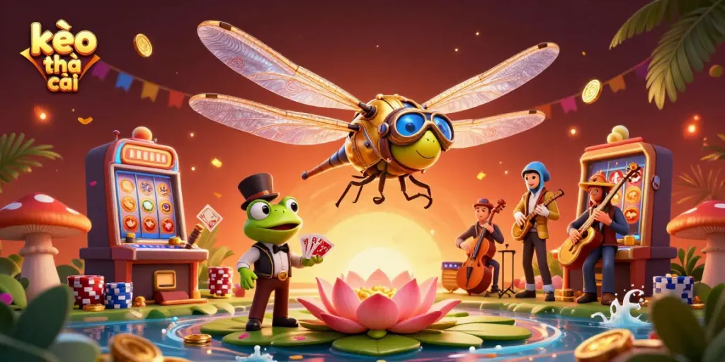 Experience the excitement of kèo nhà cái at a vibrant lily pad casino with dynamic characters and a festive atmosphere.