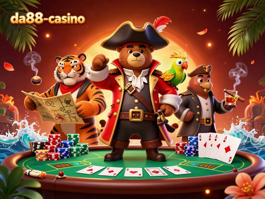 Engage in thrilling gaming at da88-casino with a vibrant pirate-themed 3D illustration featuring poker elements.