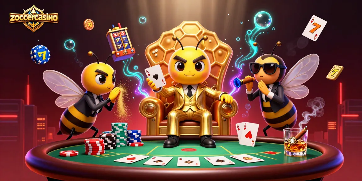 Experience the vibrant action at zoccercasino with a bumblebee mob boss surrounded by poker excitement.