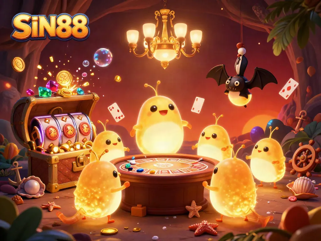 SIN88 casino scene with glowworms illuminating a vibrant cave casino filled with treasures and games.