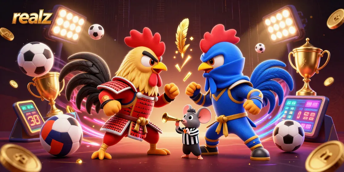 realz fighting roosters in immersive casino scene, showcasing sports balls and golden elements