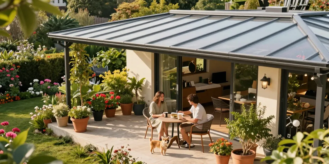 Freistehende Terrassenüberdachung in einem einladenden Garten mit einem Paar, das Kaffee genießt.