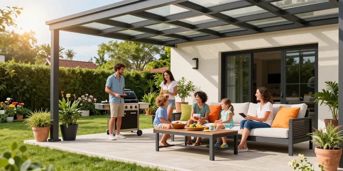 Moderne Terrassenüberdachung mit Familie, die ein sonniges Grillfest genießt.