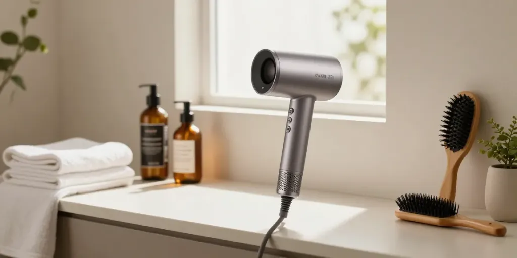 Eleganter Ionen-Haartrockner auf einem modernen Badezimmerwaschtisch mit Haarpflegeprodukten.