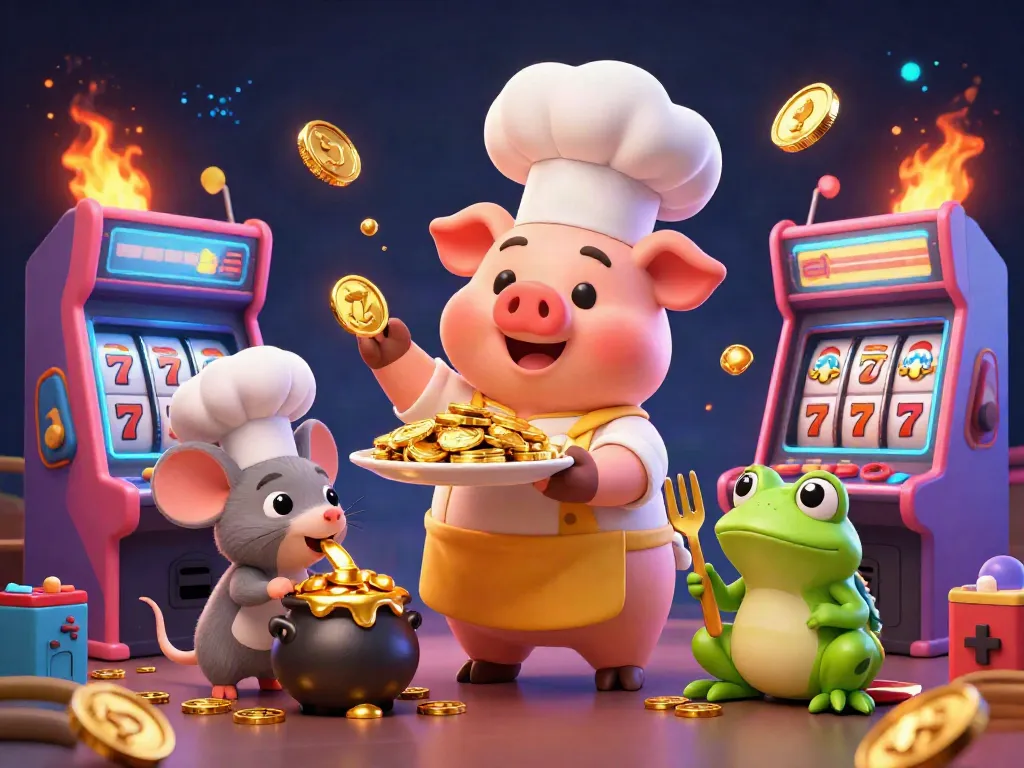 Zowin casino scene with a chef pig serving gold coins, game elements, and vibrant lighting.