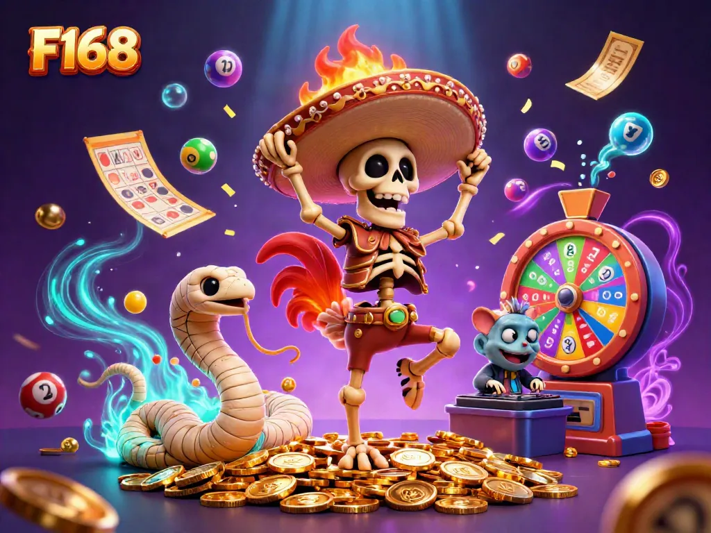 Experience thrilling gaming with F168 featuring vibrant characters celebrating on golden coins in this dynamic 3D illustration.