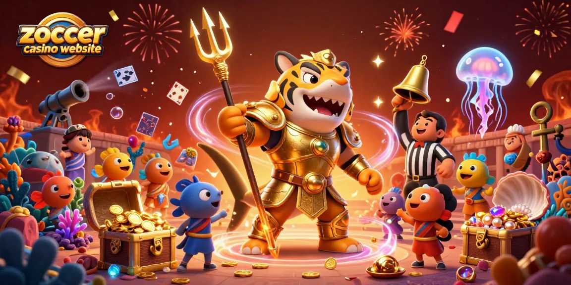 Experience the excitement of the zoccer casino website with vibrant 3D illustrations of thrilling underwater themes and winning elements.
