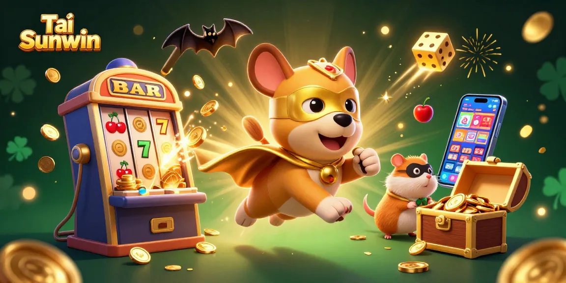 Tải Sunwin showcases an epic scene with a superhero dog and hamster amidst flying casino elements and a vibrant jackpot explosion.